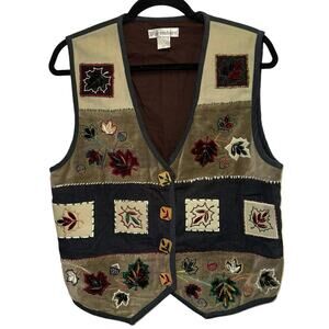 Dressbarn Embroidered Patchwork Vest Medium Boho Leaves Corduroy Cottagecore